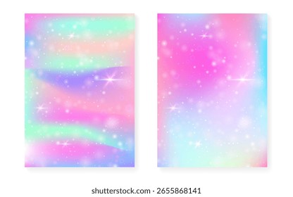 Fundo de princesa com gradiente de arco-íris kawaii. Holograma de unicórnio mágico.