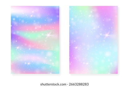 Fondo de la princesa con el gradiente del arco iris kawaii. Holograma de unicornio mágico.
