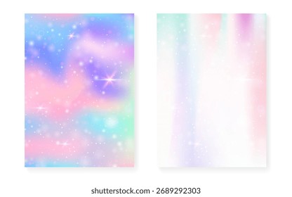 Prinzessin Hintergrund mit Kawaii Regenbogen Farbverlauf. Magisches Einhorn-Hologramm.