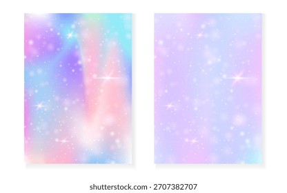Princess background with kawaii rainbow gradient. Magic unicorn hologram.