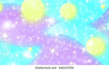 Princess background. Mermaid rainbow. Holographic sky. Unicorn pattern. Fantasy galaxy print. Fairytale graphics. Violet, blue, yellow princess colors.