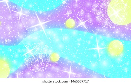 Princess background. Mermaid rainbow. Holographic sky. Unicorn pattern. Fantasy galaxy print. Fairytale graphics. Violet, blue, yellow princess colors.