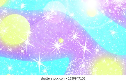 Princess background. Mermaid rainbow. Holographic sky. Unicorn pattern. Fantasy galaxy print. Fairytale graphics. Violet, blue, yellow princess colors.