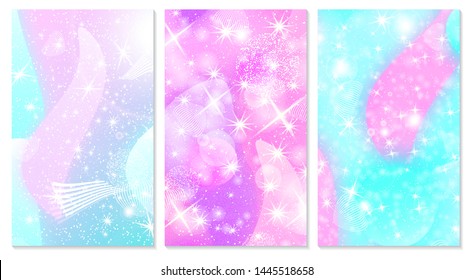 Princess background. Mermaid rainbow. Magic stars. Cover set. Unicorn pattern. Fantasy galaxy. Fairytale graphics. Pink, blue princess colors.