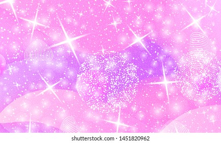 Princess background. Mermaid rainbow. Magic stars pink. Unicorn pattern. Fantasy galaxy. Fairytale graphics. Pink princess colors.