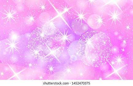 Princess background. Mermaid rainbow. Magic stars pink. Unicorn pattern. Fantasy galaxy. Fairytale graphics. Pink princess colors.