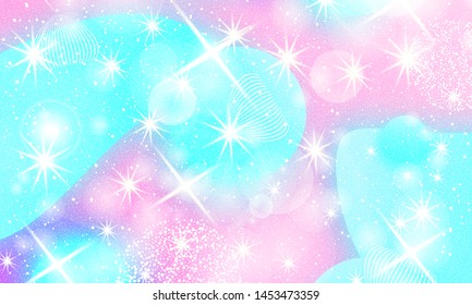 Princess background. Mermaid rainbow. Magic stars. Unicorn pattern. Fantasy galaxy. Fairytale princess colors.