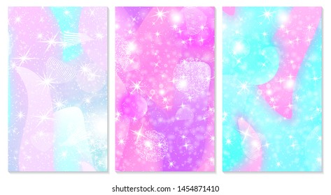 Princess background. Mermaid rainbow. Magic stars. Cover set. Unicorn pattern. Fantasy galaxy. Fairytale graphics. Pink, blue princess colors.