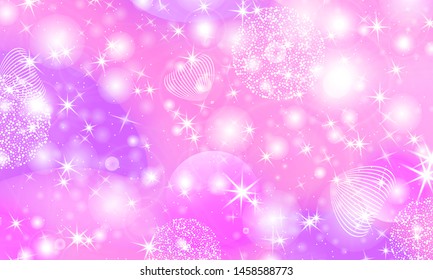 Princess background. Mermaid rainbow. Magic stars pink. Unicorn pattern. Fantasy galaxy. Fairytale graphics. Pink princess colors.