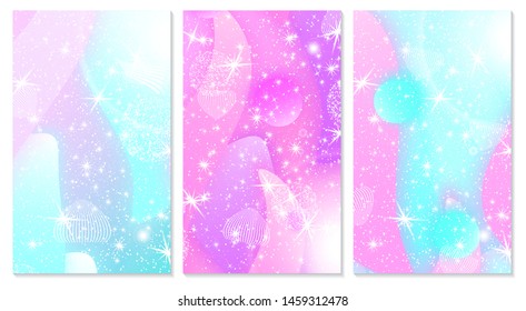 Princess background. Mermaid rainbow. Magic stars. Cover set. Unicorn pattern. Fantasy galaxy. Fairytale graphics. Pink, blue princess colors.
