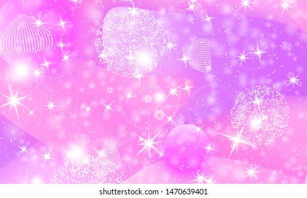 Princess background. Mermaid rainbow. Magic stars pink. Unicorn pattern. Fantasy galaxy. Fairytale graphics. Pink princess colors.