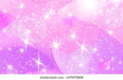 Princess background. Mermaid rainbow. Magic stars pink. Unicorn pattern. Fantasy galaxy. Fairytale graphics. Pink princess colors.