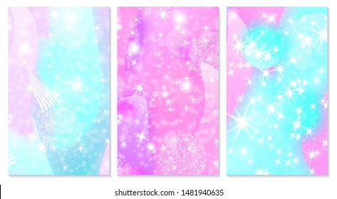 Princess background. Mermaid rainbow. Magic stars. Cover set. Unicorn pattern. Fantasy galaxy. Fairytale graphics. Pink, blue princess colors.