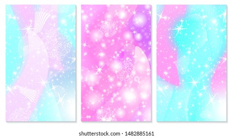 Princess background. Mermaid rainbow. Magic stars. Cover set. Unicorn pattern. Fantasy galaxy. Fairytale graphics. Pink, blue princess colors.