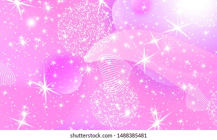 Princess background. Mermaid rainbow. Magic stars pink. Unicorn pattern. Fantasy galaxy. Fairytale graphics. Pink princess colors.