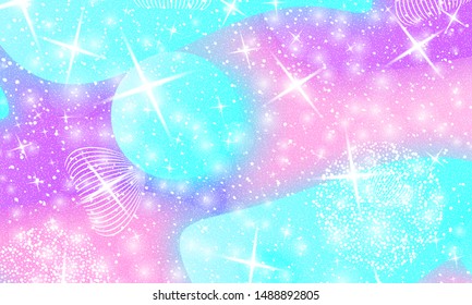 Princess background. Mermaid rainbow. Magic stars. Unicorn pattern. Fantasy galaxy. Fairytale princess colors.
