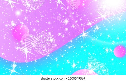 Princess background. Mermaid rainbow. Magic stars pink. Unicorn pattern. Fantasy galaxy. Fairytale graphics. Pink princess colors.