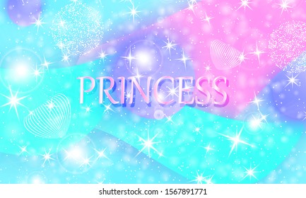 Princess background. Mermaid rainbow. Magic stars. Unicorn pattern. Fantasy galaxy. Fairytale graphics. Pink, blue princess colors.