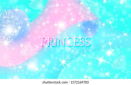 Princess background. Mermaid rainbow. Magic stars. Unicorn pattern. Fantasy galaxy. Fairytale graphics. Pink, blue princess colors.