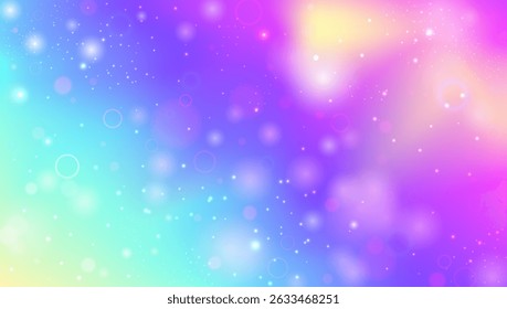 História da Princesa. Gradiente De Fada Rosa E Belo Padrão De Unicórnio. Holograma Arco-Íris Roxo. Fundo De Neon Brilhante Da Galáxia, Céu E Luz Do Universo. Fundo de Princesa Azul.