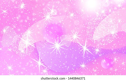 Princess background. Rainbow galaxy. Unicorn pattern. Mermaid rainbow fantasy stars. Pink, violet princess colors.