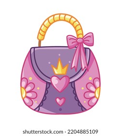 Princess bag icon. Luxurious accessory with golden handle, crown and sparkling heart. Flowers and stylish design. Fashion and style. Beauty, elegance and aesthetics. Cartoon flat vector illustration