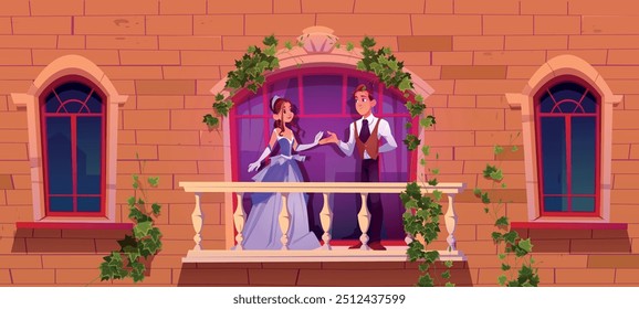 Princess in ball dress and prince on balcony of medieval castle with brick wall, windows and climbing ivy. Cartoon fairytale vector of young couple characters in love on royal palace terrace.