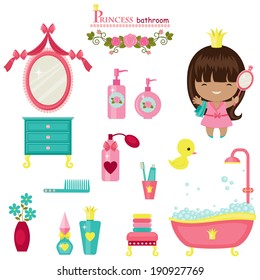 Princess bathroom collection. Isolated cute vector icons over white background