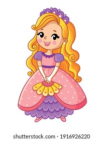 Princess in a beautiful dress and with a fan in her hand stands on a white background and smiles. Vector illustration in cartoon style.