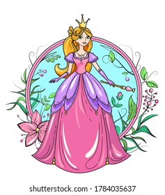 Princess in beautiful dress with magic wand. Charming fairy tale girl and circle frame with flowers and berries. Cartoon character colorful vector illustration. Book design element or apparel print