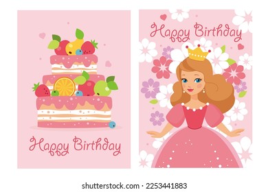 Princess in beautiful dress on floral background. Large cake decorated with fruits and berries. Set of  birthday, holiday, baby shower celebration greeting and invitation card. Vector illustration.