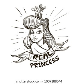 Princess. Beautiful girl in the crown. Outline vector illustration for coloring, tattoos, printing on T-shirts and other items.