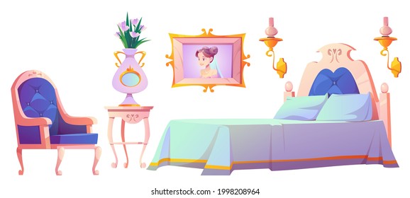 Princess bedroom furniture set, interior elements for vintage room. Elegant retro bed, cupboard, velvet armchair. Classic royal style feminine design for girl Cartoon vector isolated illustration