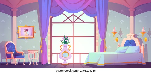 Princess Bedroom Interior, Empty Vintage Room With Elegant Retro Furniture, Bed, Cupboard, Floral Pattern Wallpaper Decoration. Classic Royal Style Feminine Design For Girl Cartoon Vector Illustration