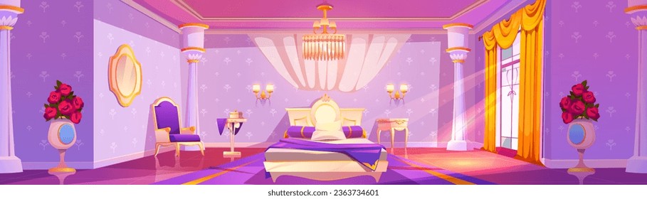 Princess bedroom interior - royal castle girly room for sleeping and relaxing with big bed, mirror on wall and window with curtains. Cartoon fairytale palace inside with luxury antique furniture.