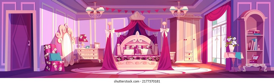 Dormitorio Princesa en casa real, palacio o castillo. Dibujo vectorial del interior de una habitación de lujo con cama con baldaquino, espejo, silla, armario, cortinas rosas y biblioteca