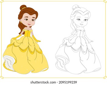 Princess Belle coloring page for girls, vetor, children's illustration