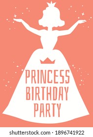 Princess birthday party card or banner duotone elegant design with silhouette of princess figure and text, flat vector illustration. Template for costume birthday party.