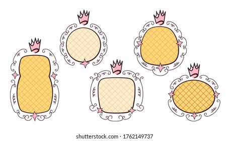 Princess birthday party concept. Girl mirror frames set with in swirly ornate frames and royal crowns, space for test. Vector illustrations for cute invitation cards templates, label or photo design