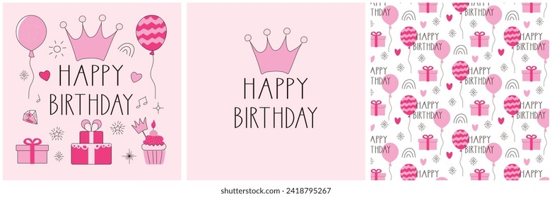 Princess Birthday party design set. Doodle сrown,  sun, stars, diamond. Pink balloons, gifts, hearts, rainbow seamless pattern. Holiday card design. Vector illustration.