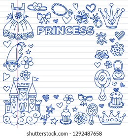Princess birthday party for little girls. Kindergarten, school children picture. Illustration for children with castle, fairy, dress, crown.