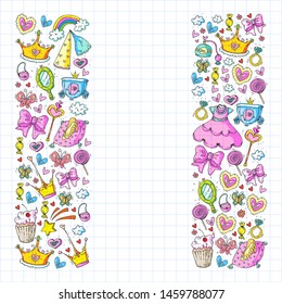 Princess birthday party for little girls. Kindergarten, school children picture. Illustration for children with castle, fairy, dress, crown.