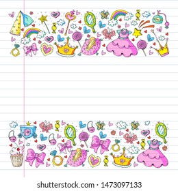 Princess birthday party for little girls. Kindergarten, school children picture. Illustration for children with castle, fairy, dress, crown.