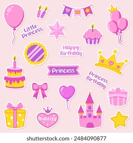 Princess birthday stickers. Pink royal party clip art accessories and decorative elements. Vector illustration.