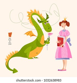 Princess with a book  and dragon with a rose.Diada de Sant Jordi (the Saint George's Day). Dia de la rosa (The Day of the Rose). Dia del llibre (The Day of the Book). Traditional festival in Catalonia