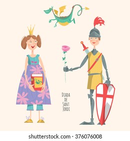 Princess with a book, knight with a rose, and a dragon. Diada de Sant Jordi (the Saint George's Day). The Day of the Rose.  The Day of the Book. Festival in Catalonia, Spain. Vector illustration. 