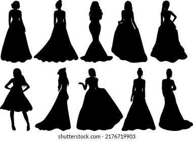 Prinzessin-Brautset, schwarze Silhouette, einzeln, Vektorgrafik