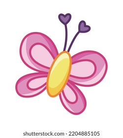Princess butterfly icon. Toy or mascot for children. Fantasy, imagination and dreams, fairy tale. Social media sticker, graphic element for printing on fabric. Cartoon flat vector illustration