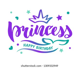 Princess calligraphy, lettering, logo. Poster, card, label, banner design, Print for cup, plate, ballon. Bright geometrical background. Vector illustration eps10