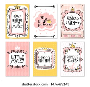 Princess cards. Vintage cute pink frame with gold crown, girl birthday invitation card, baby shower greeting card vector kids queen decor elements for mirror or border decoration